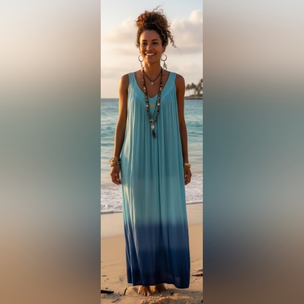 Boho Beach Festival Pockets Gypsy Resort Cruise Ombre Maxi Sundress OS